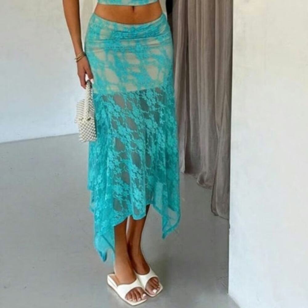 SHEIN EUC floral lace asymmetrical hem skirt Large turquoise blue green aqua